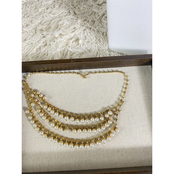 Vintage Faux Pearl & Rhinestones Filigree GoldTone 3 Layered Bib Choker Necklace - Picture 3 of 6